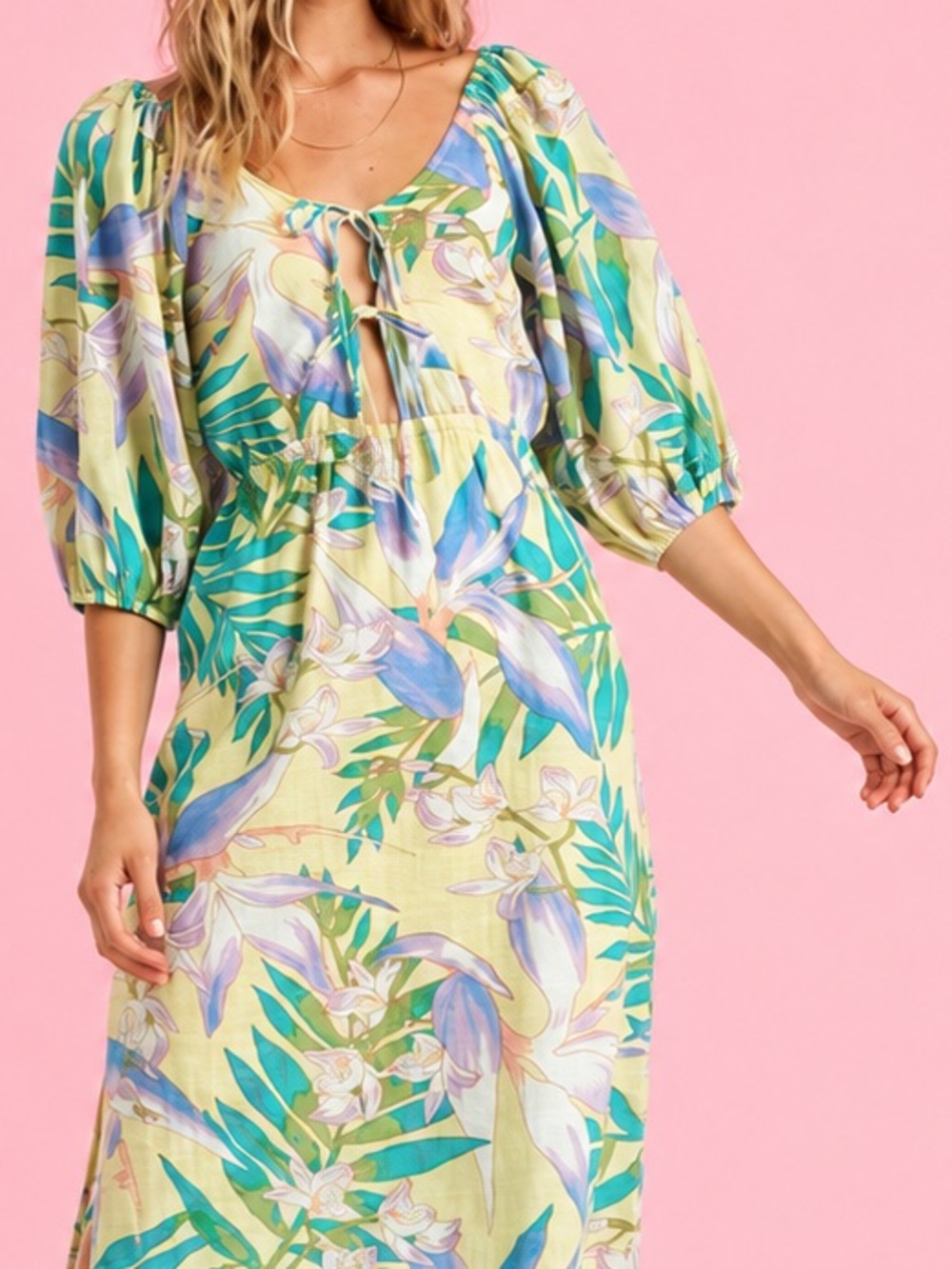 Billabong Today’s Wish Tropical Floral Puff Sleeve Tie Front Maxi Dress L